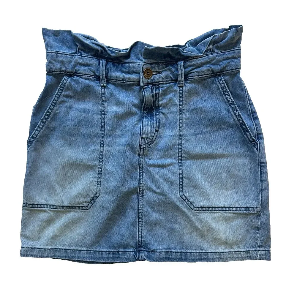 Free People Splendor In The Grass Paperbag Denim Tie Waist Mini Skirt Size 8